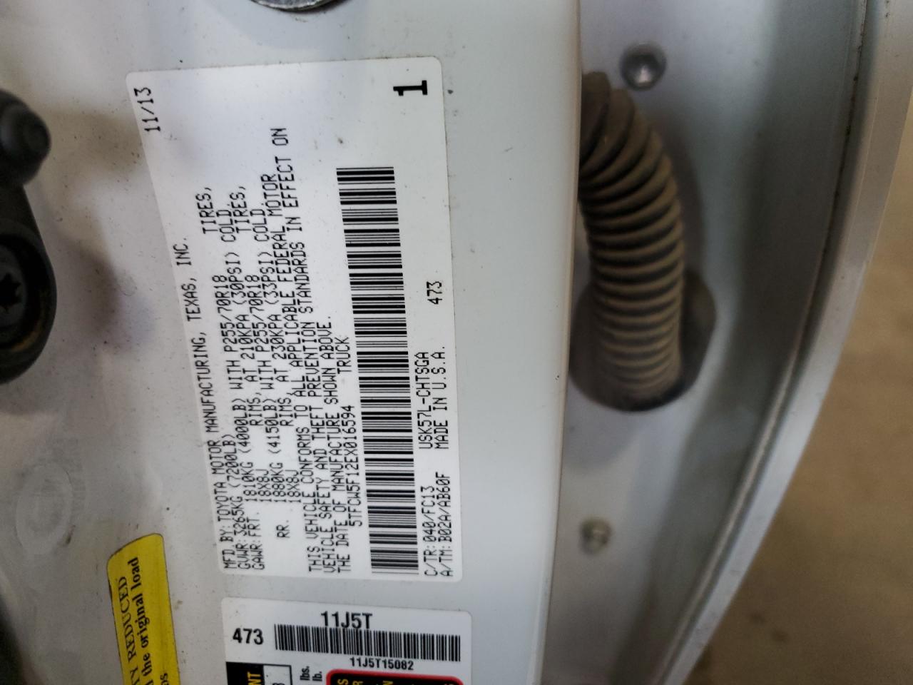 2014 Toyota Tundra VIN 5TFCW5F12EX016594 Copart auction photo, all over / minor dent/scratches damage thumbnail 12