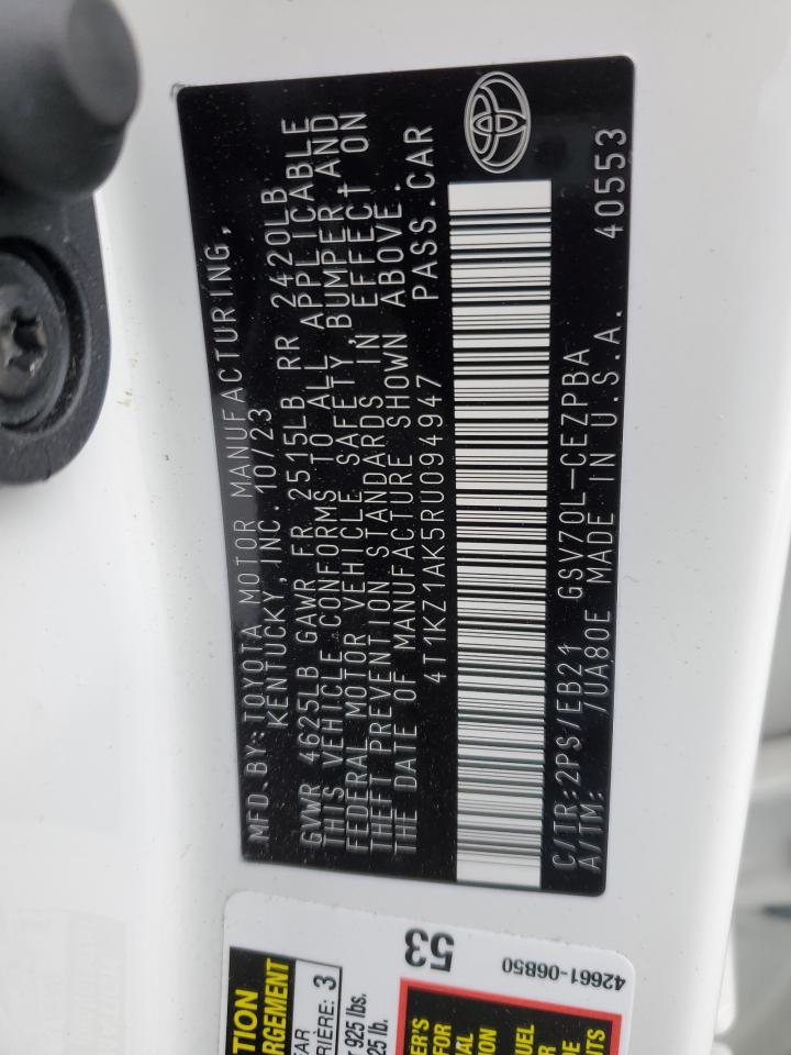 2024 Toyota Camry VIN 4T1KZ1AK5RU094947 Copart auction photo, rear end / front end damage thumbnail 12