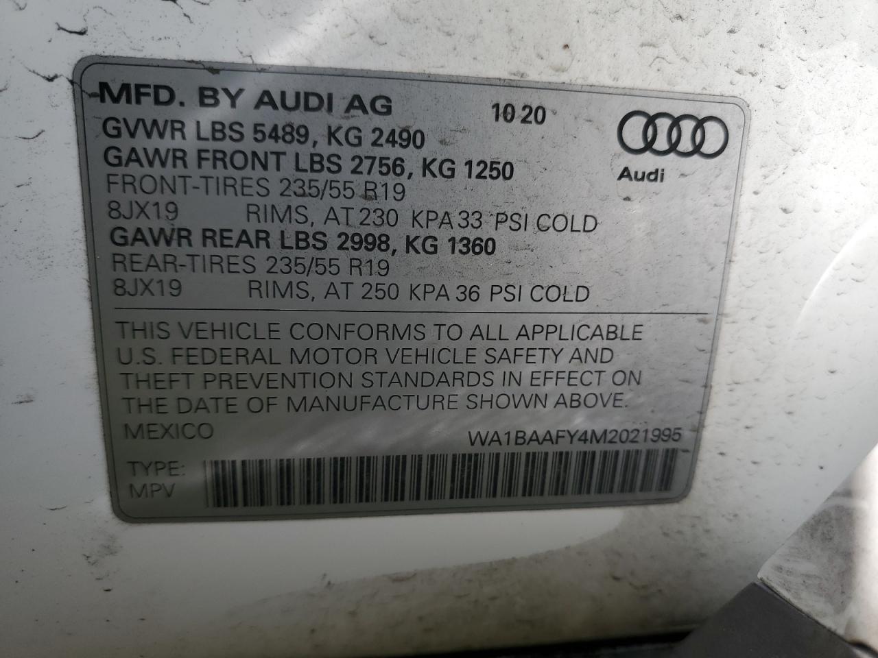 2021 Audi Q5 VIN WA1BAAFY4M2021995 Copart auction photo, front end damage thumbnail 15