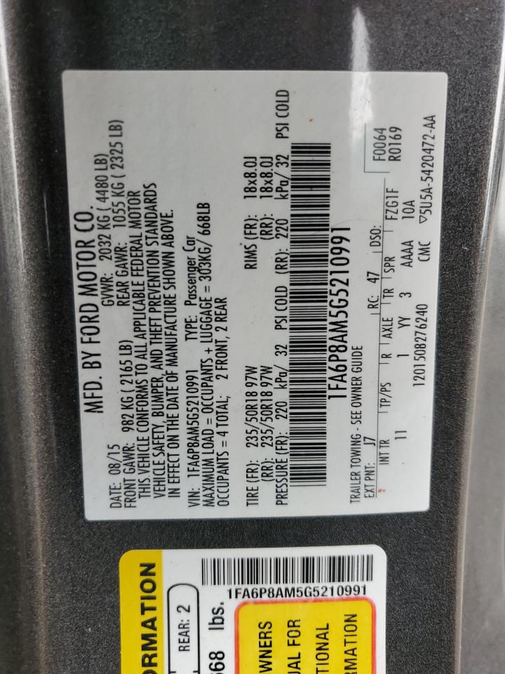 2016 Ford Mustang VIN 1FA6P8AM5G5210991 Copart auction photo, rear end / front end damage thumbnail 12