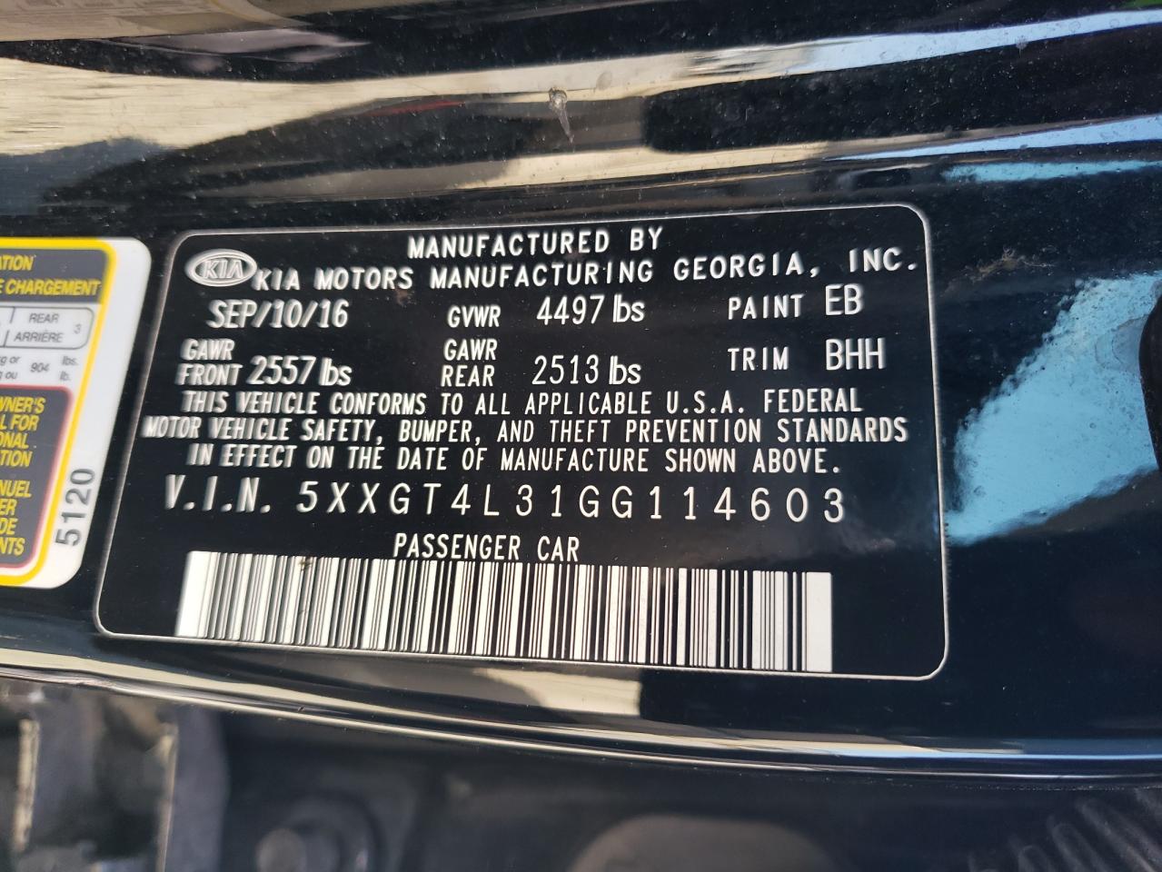 2016 KIA Optima VIN 5XXGT4L31GG114603 Copart auction photo, front end / rear end damage thumbnail 14