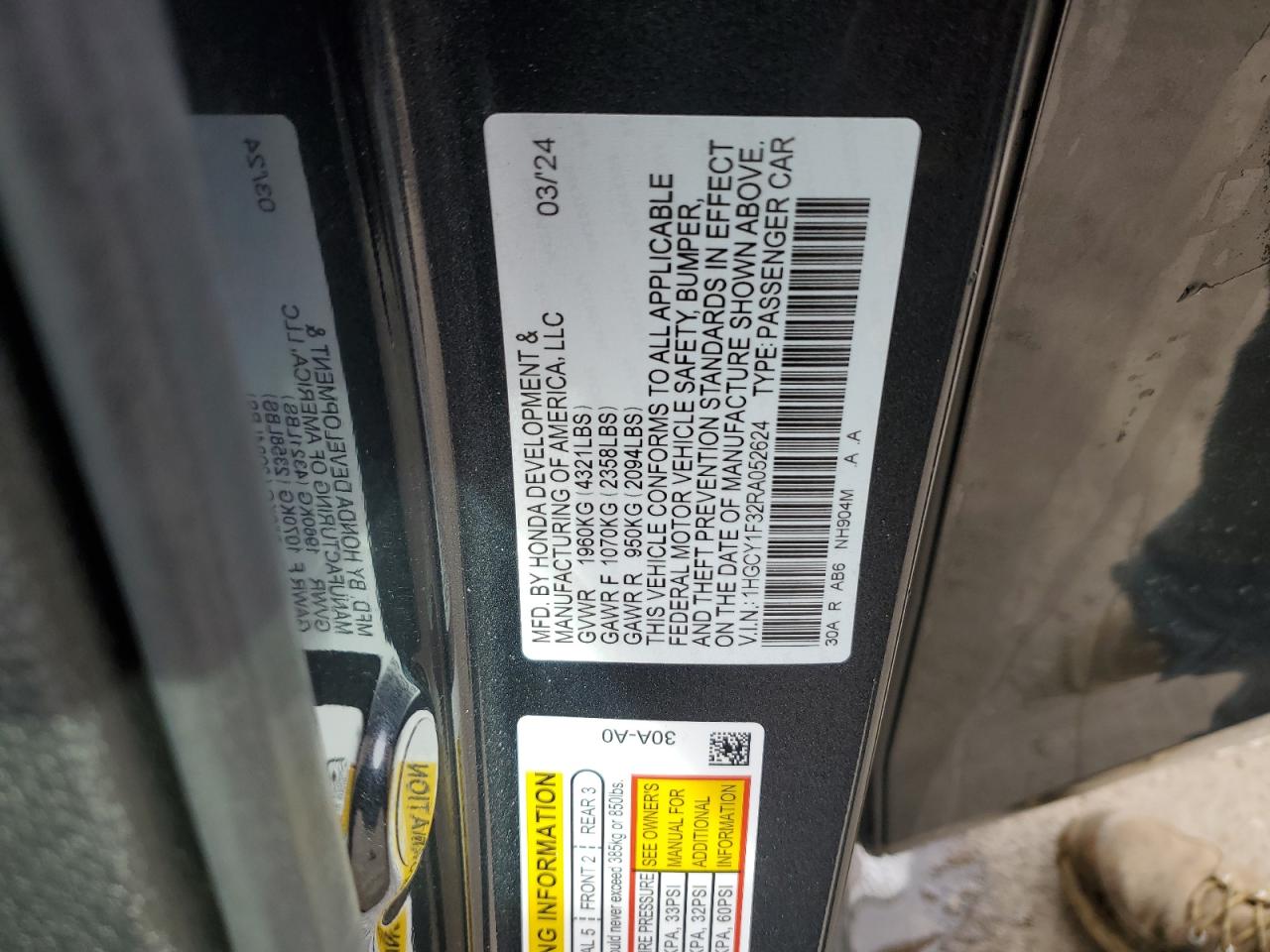 2024 Honda Accord VIN 1HGCY1F32RA052624 Copart auction photo, front end / side damage thumbnail 12