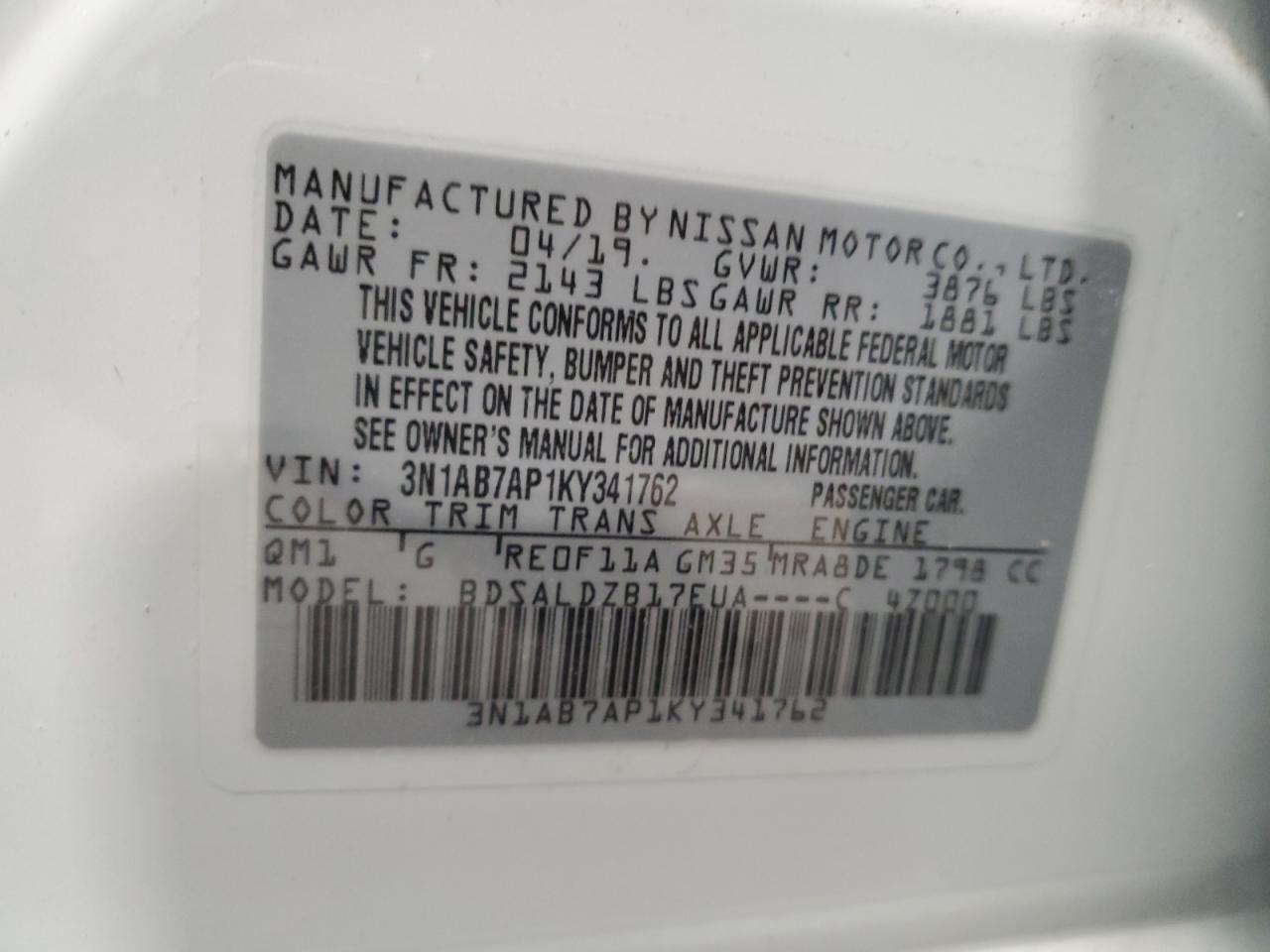 2019 Nissan Sentra VIN 3N1AB7AP1KY341762 Copart auction photo, front end damage thumbnail 13
