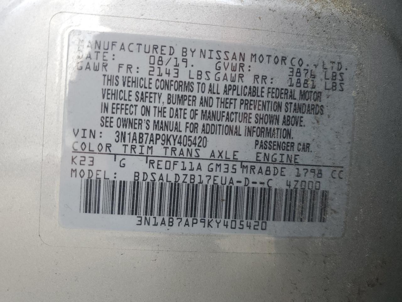 2019 Nissan Sentra VIN 3N1AB7AP9KY405420 Copart auction photo, front end / side damage thumbnail 14