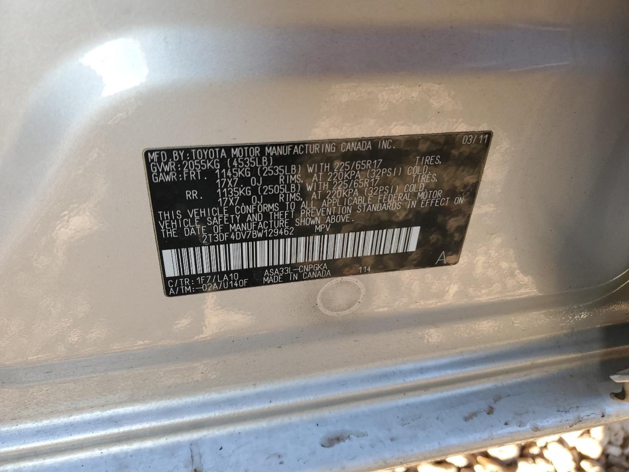 2011 Toyota RAV 4 VIN 2T3DF4DV7BW129462 Copart auction photo, rear end / side damage thumbnail 15