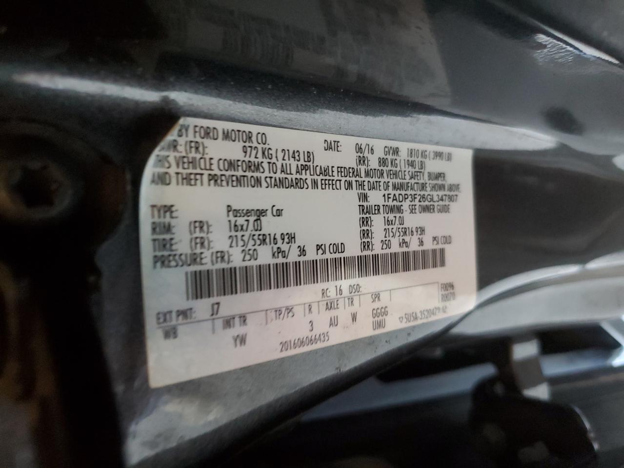 2016 Ford Focus VIN 1FADP3F26GL347807 Copart auction photo, rear end / side damage thumbnail 12