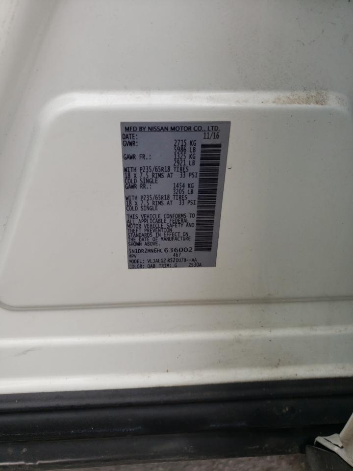 2017 Nissan Pathfinder VIN 5N1DR2MN6HC636002 Copart auction photo, front end / side damage thumbnail 13