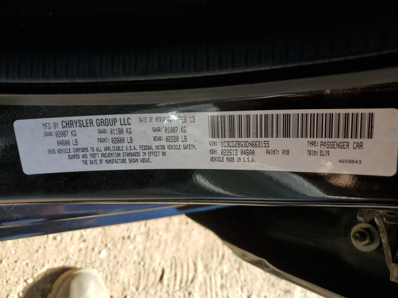 2013 Dodge Avenger VIN 1C3CDZBG3DN663155 Copart auction photo, front end / rear end damage thumbnail 12