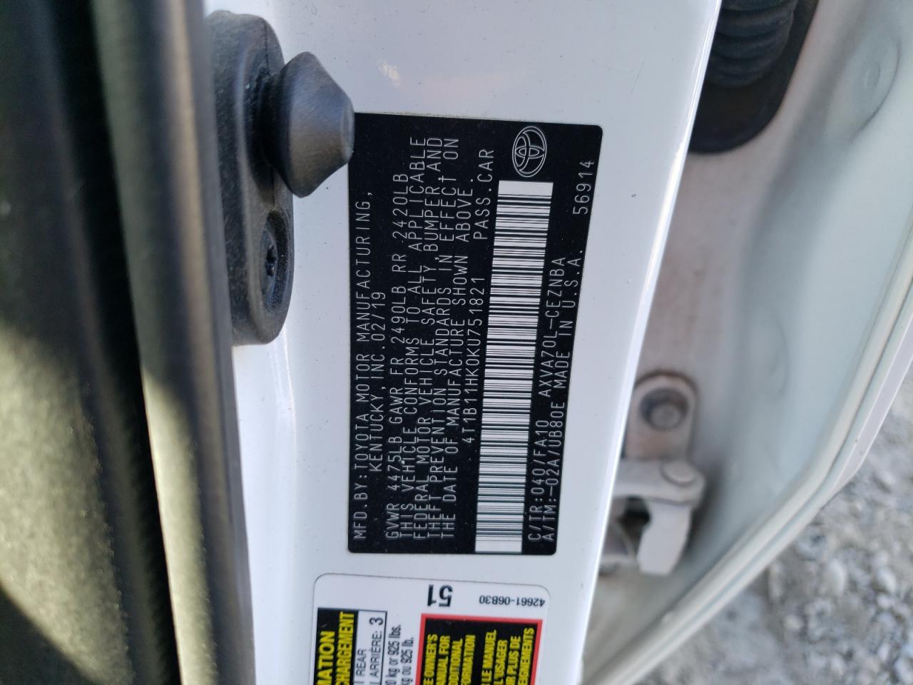 2019 Toyota Camry VIN 4T1B11HK0KU751821 Copart auction photo, side / rear end damage thumbnail 12