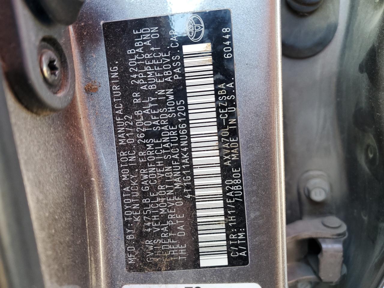 2022 Toyota Camry VIN 4T1G11AK4NU661205 Copart auction photo, all over damage thumbnail 14