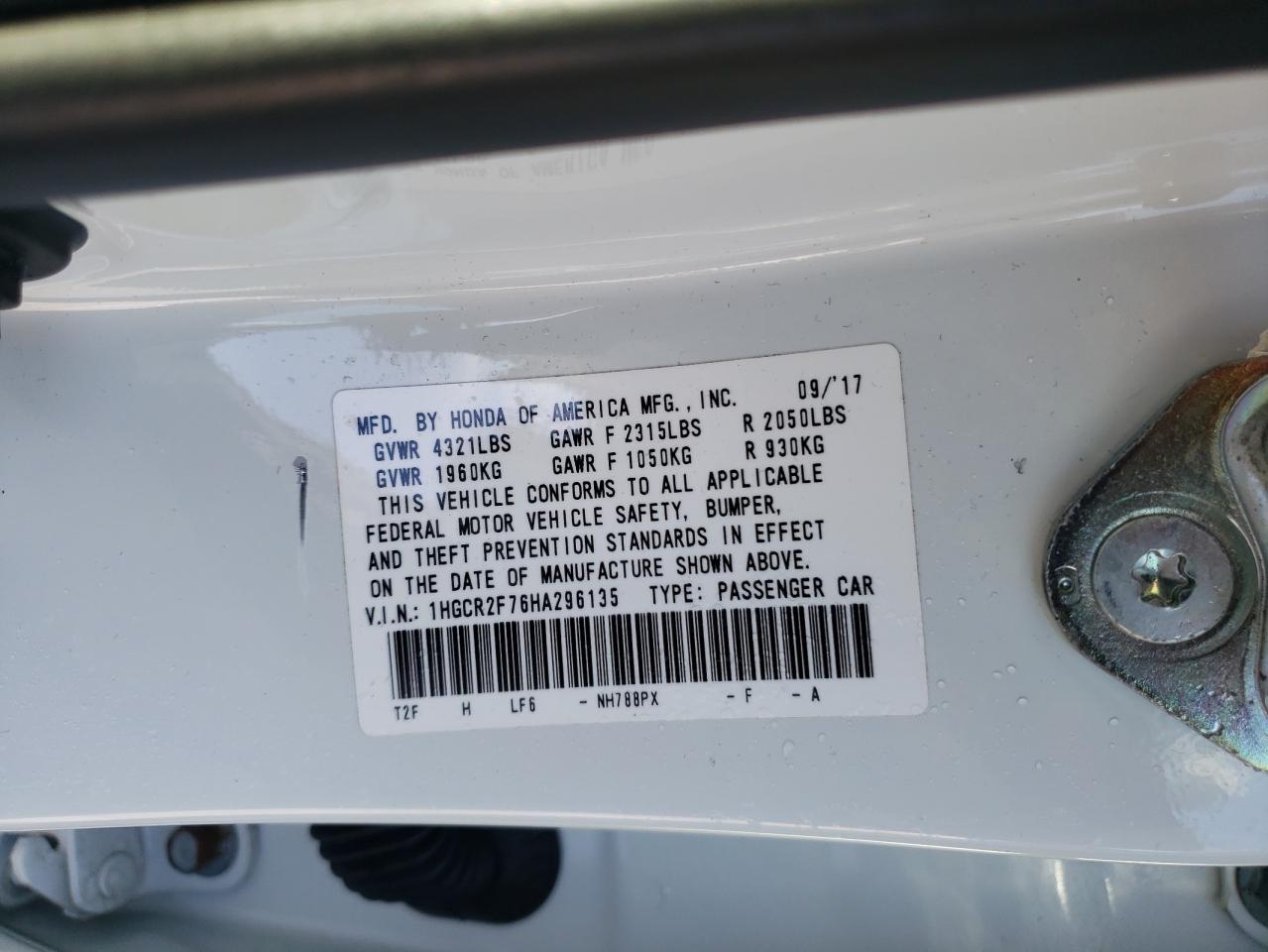 2017 Honda Accord VIN 1HGCR2F76HA296135 Copart auction photo, front end / rear end damage thumbnail 12