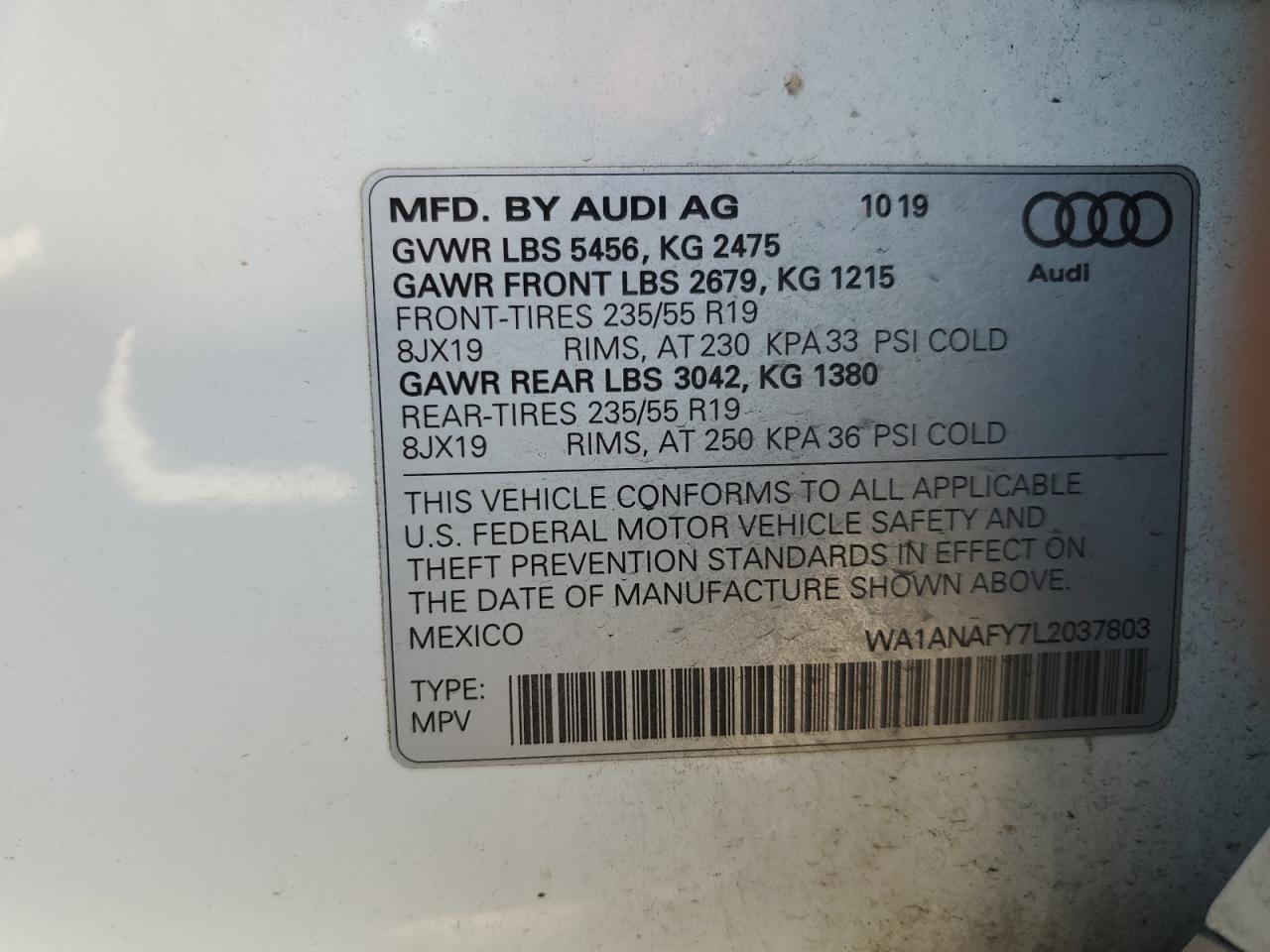 2020 Audi Q5 VIN WA1ANAFY7L2037803 Copart auction photo, front end / rear end damage thumbnail 13