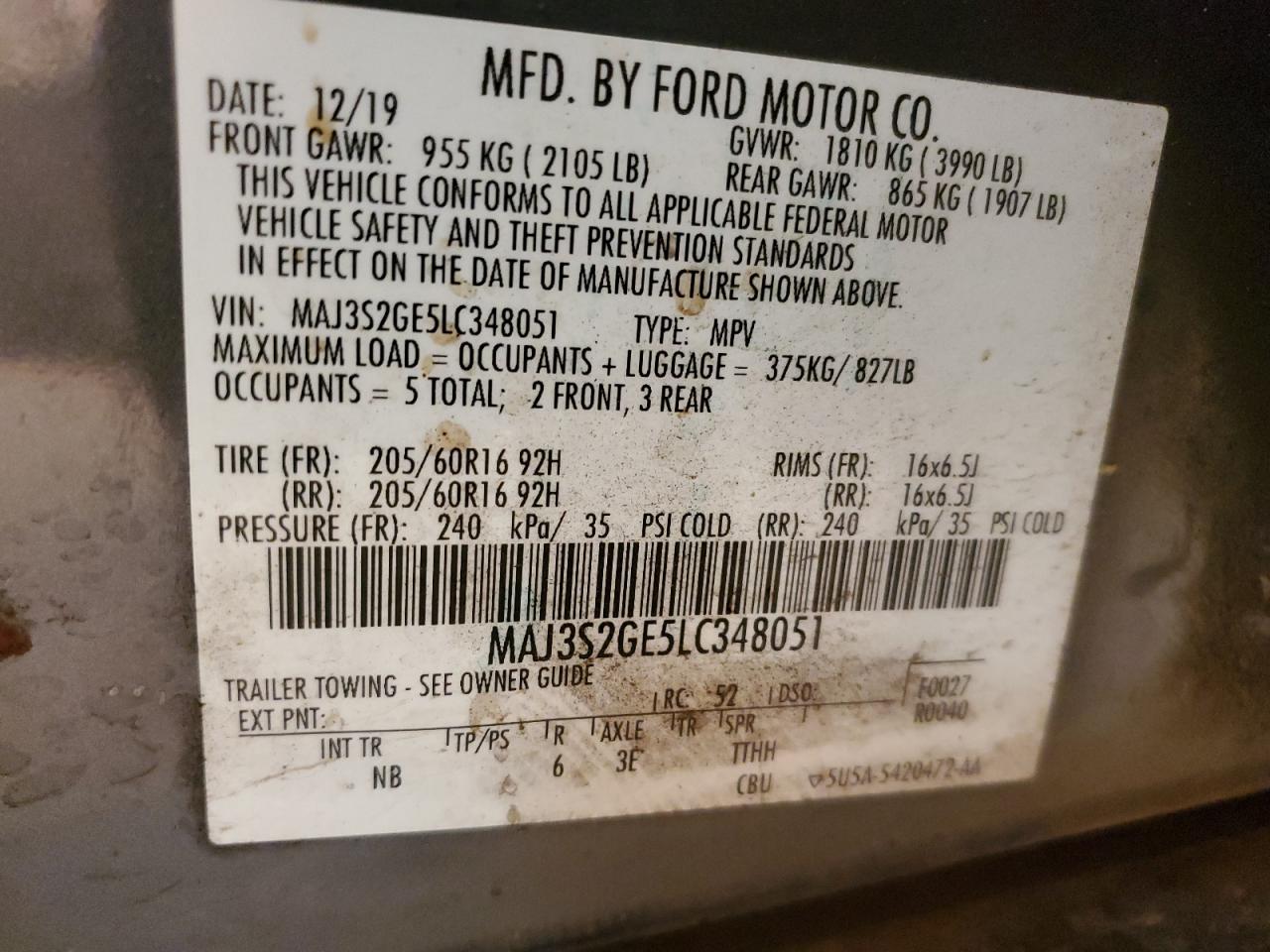 2020 Ford EcoSport VIN MAJ3S2GE5LC348051 Copart auction photo, front end / hail damage thumbnail 15