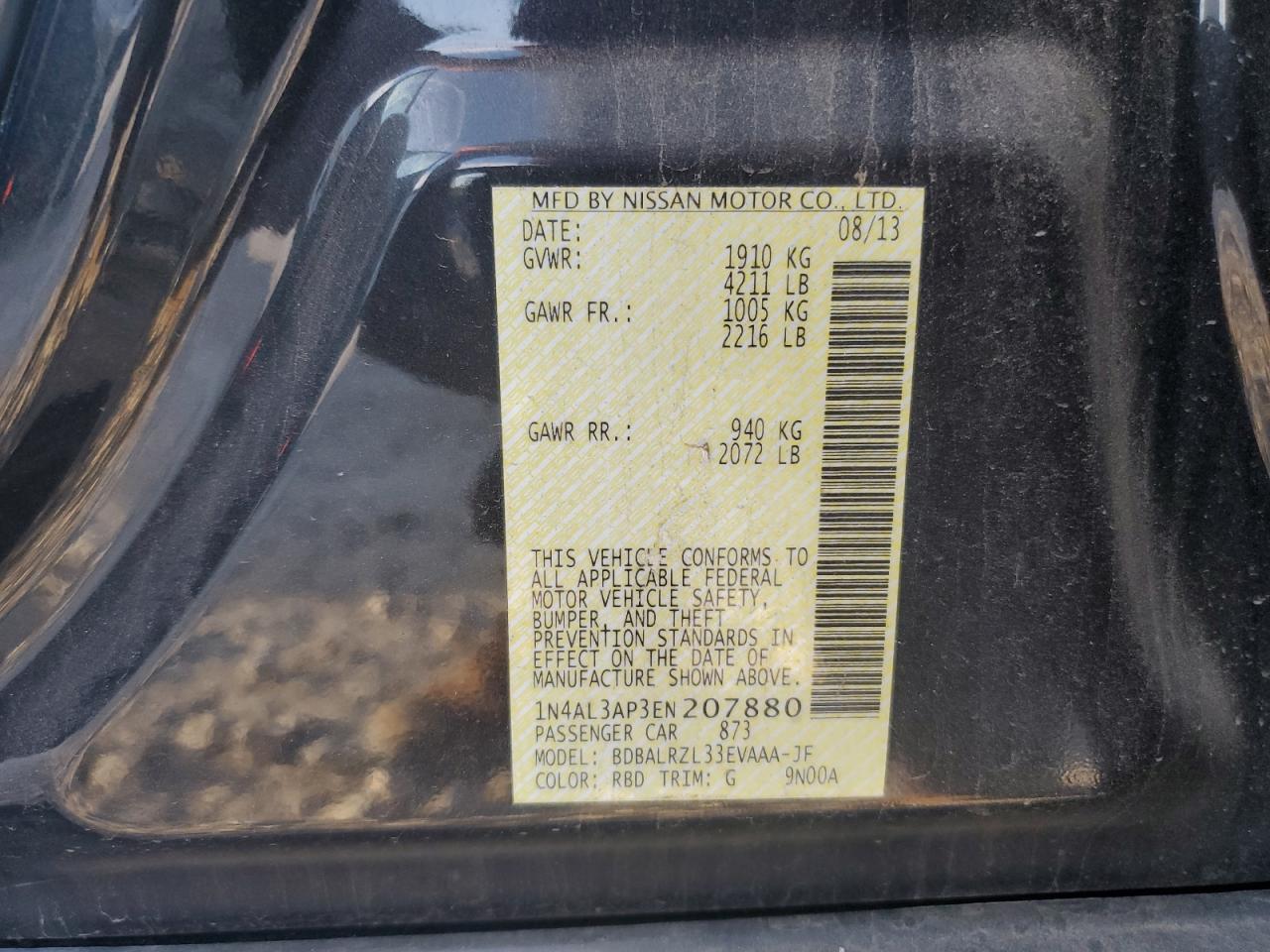 2014 Nissan Altima VIN 1N4AL3AP3EN207880 Copart auction photo, front end / mechanical damage thumbnail 12