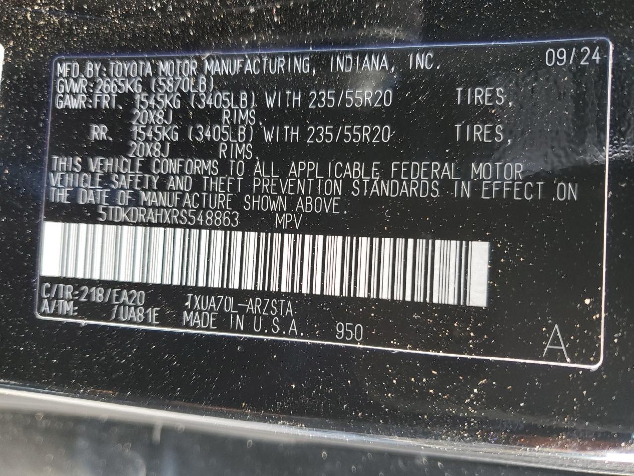 2024 Toyota Highlander VIN 5TDKDRAHXRS548863 Copart auction photo, front end / minor dent/scratches damage thumbnail 16