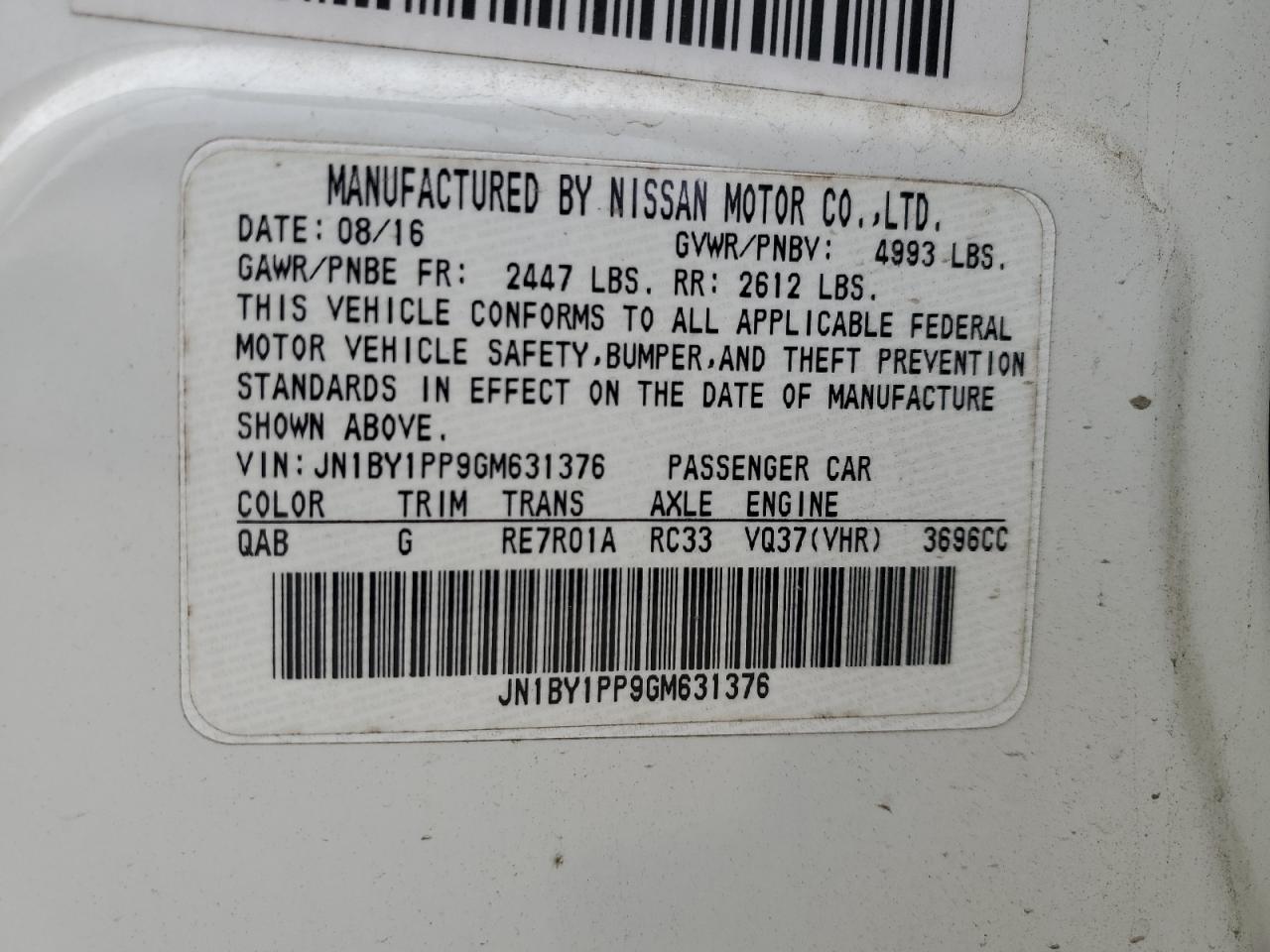 2016 Infiniti Q70 VIN JN1BY1PP9GM631376 Copart auction photo, front end damage thumbnail 14