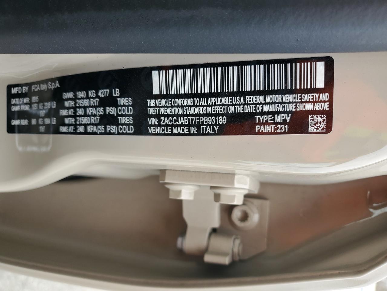 2015 Jeep Renegade VIN ZACCJABT7FPB93189 Copart auction photo, rear end damage thumbnail 16