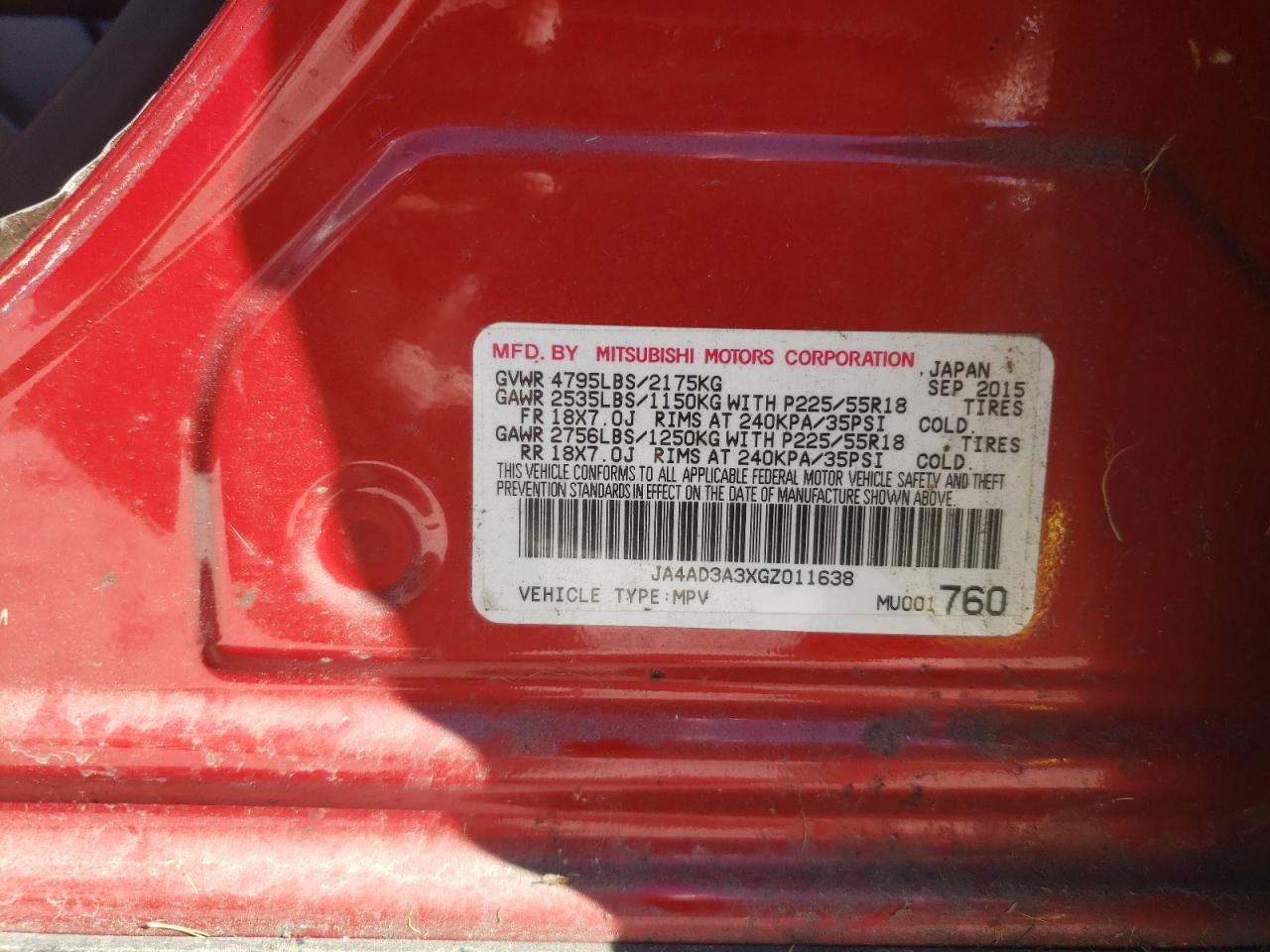 2016 Mitsubishi Outlander VIN JA4AD3A3XGZ011638 Copart auction photo, normal wear damage thumbnail 13