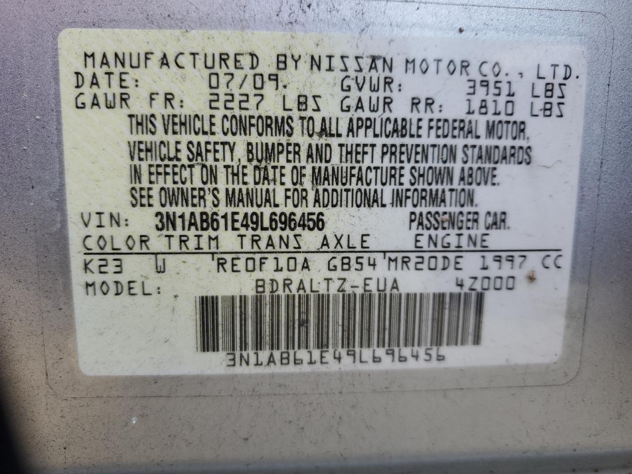 2009 Nissan Sentra VIN 3N1AB61E49L696456 Copart auction photo, all over damage thumbnail 15