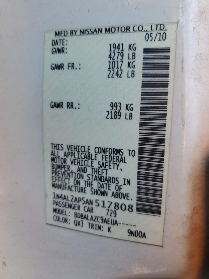 2010 Nissan Altima VIN 1N4AL2AP5AN517808 Copart auction photo, side / front end damage thumbnail 14