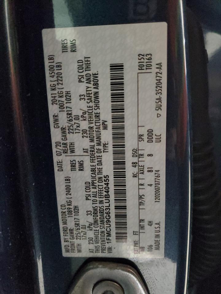 2020 Ford Escape VIN 1FMCU9G63LUB40455 Copart auction photo, front end / side damage thumbnail 13