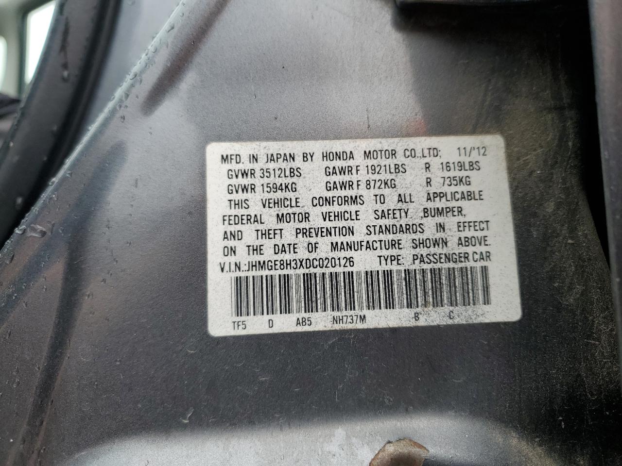 2013 Honda Fit VIN JHMGE8H3XDC020126 Copart auction photo, rear end damage thumbnail 12