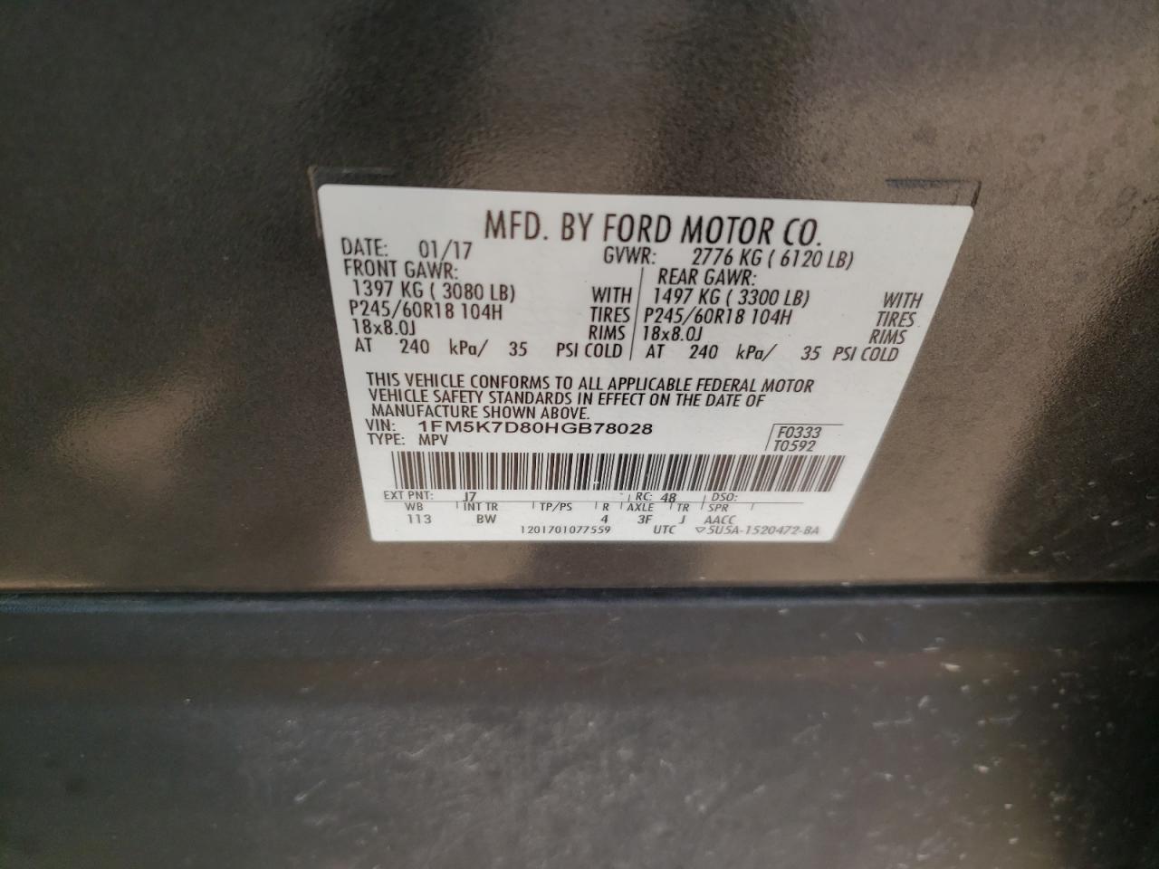 2017 Ford Explorer VIN 1FM5K7D80HGB78028 Copart auction photo, all over damage thumbnail 13
