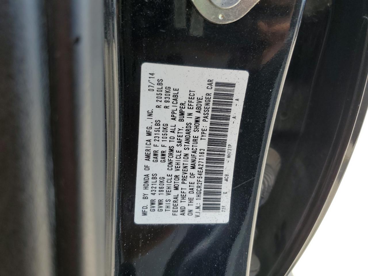 2014 Honda Accord VIN 1HGCR2F54EA271163 Copart auction photo, front end damage thumbnail 13