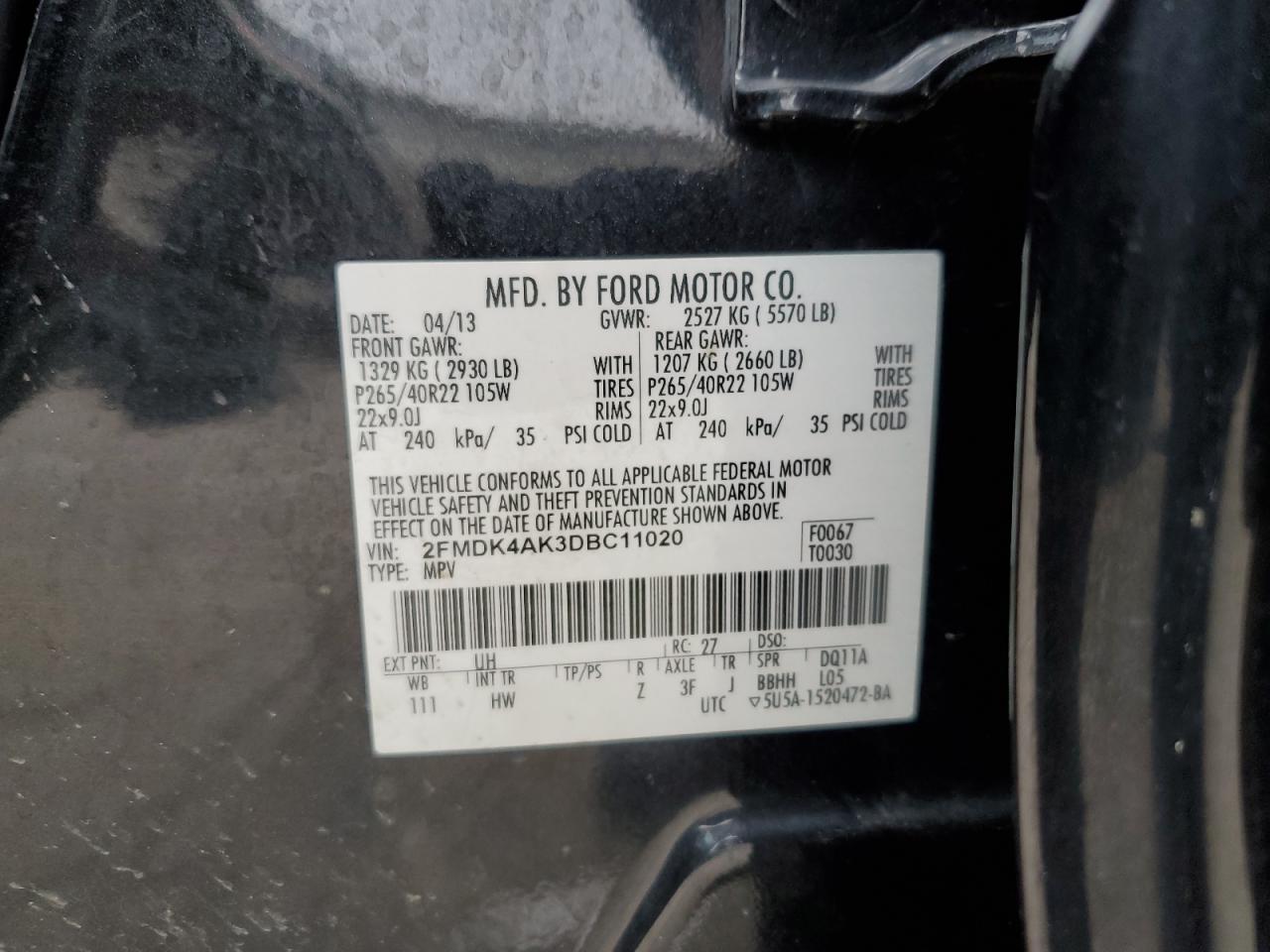 2013 Ford Edge VIN 2FMDK4AK3DBC11020 Copart auction photo, front end damage thumbnail 13