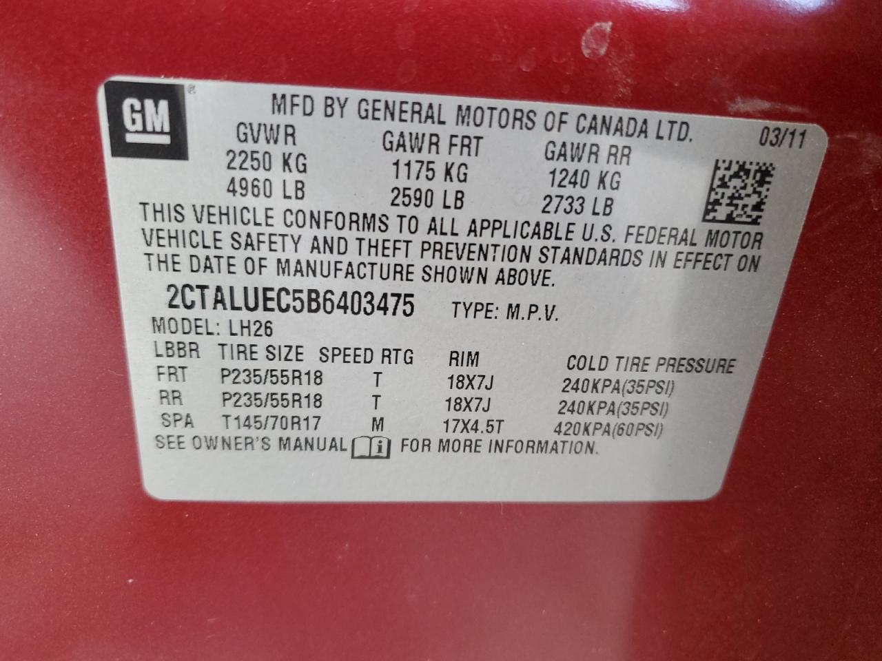 2011 GMC Terrain VIN 2CTALUEC5B6403475 Copart auction photo, front end damage thumbnail 13