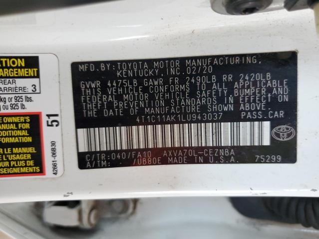 2020 Toyota Camry VIN 4T1C11AK1LU943037 Copart auction photo, front end / side damage thumbnail 12