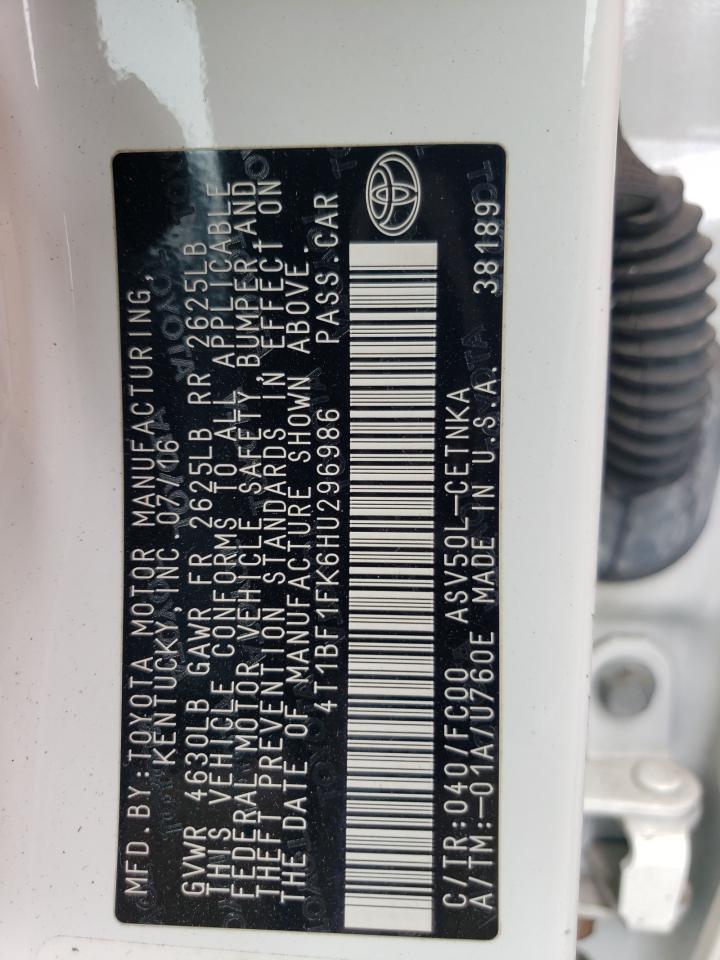 2017 Toyota Camry VIN 4T1BF1FK6HU296986 Copart auction photo, front end damage thumbnail 13