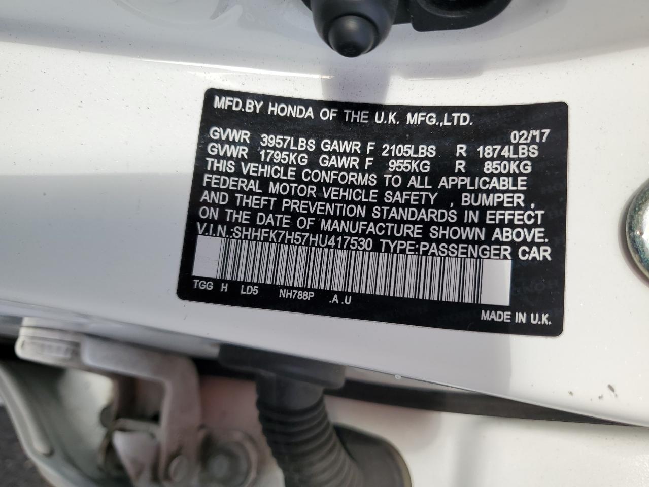 2017 Honda Civic VIN SHHFK7H57HU417530 Copart auction photo, front end / rear end damage thumbnail 12