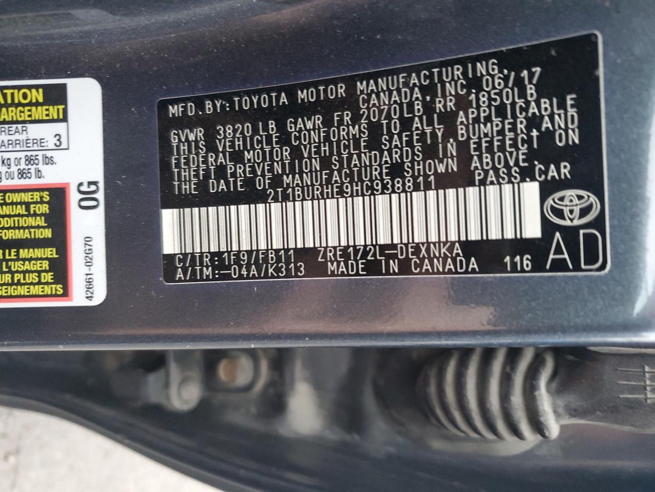 2017 Toyota Corolla VIN 2T1BURHE9HC938811 Copart auction photo, front end damage thumbnail 12