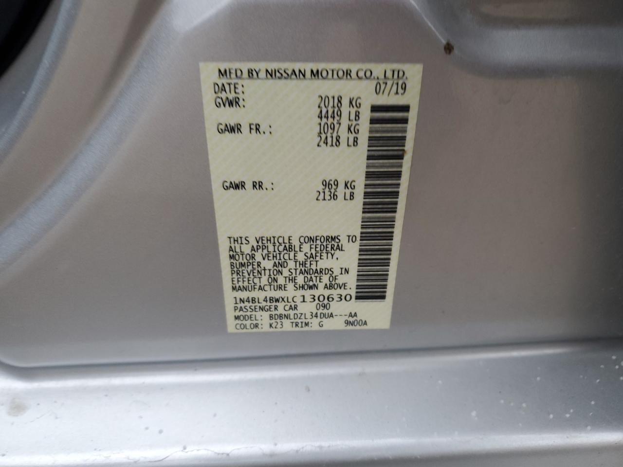 2020 Nissan Altima VIN 1N4BL4BWXLC130630 Copart auction photo, front end damage thumbnail 12