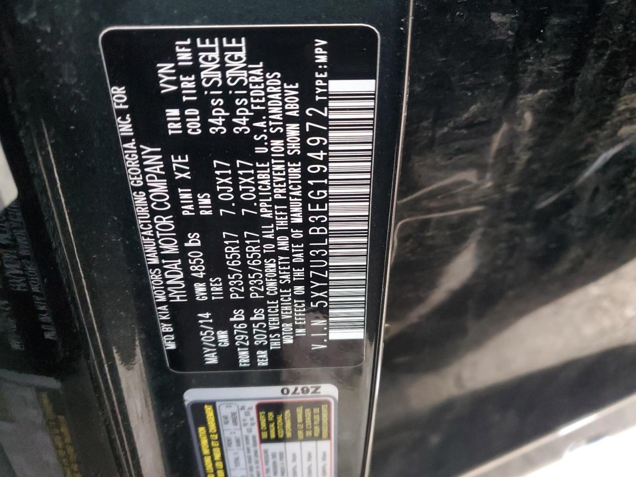 2014 Hyundai Santa Fe VIN 5XYZU3LB3EG194972 Copart auction photo, all over damage thumbnail 15