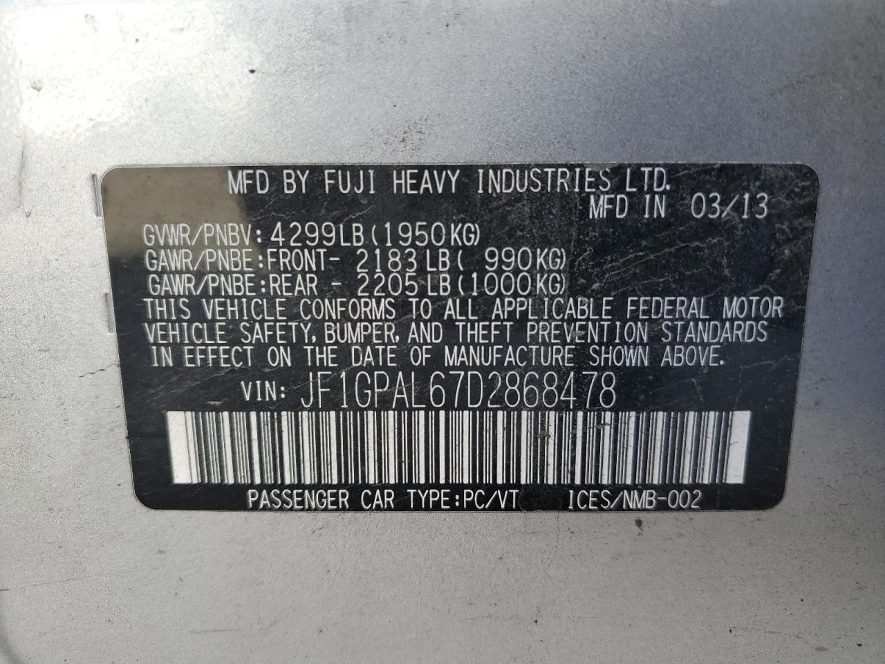2013 Subaru Impreza VIN JF1GPAL67D2868478 Copart auction photo, side / rear end damage thumbnail 13