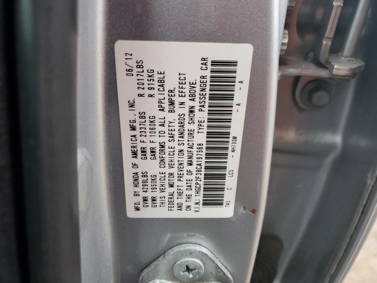 2012 Honda Accord VIN 1HGCP2F38CA197568 Copart auction photo, front end / side damage thumbnail 12