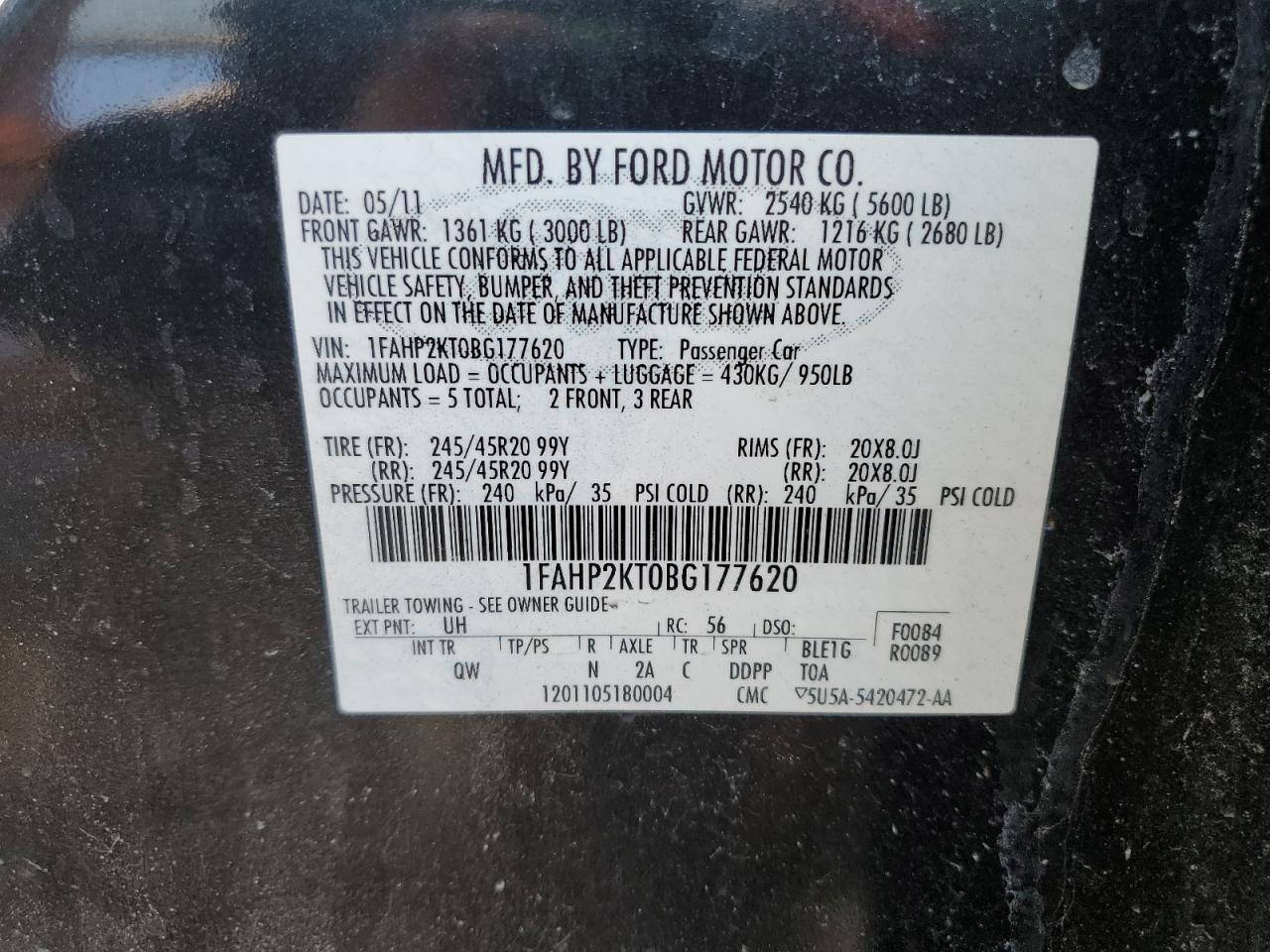 2011 Ford Taurus VIN 1FAHP2KT0BG177620 Copart auction photo, side / front end damage thumbnail 16