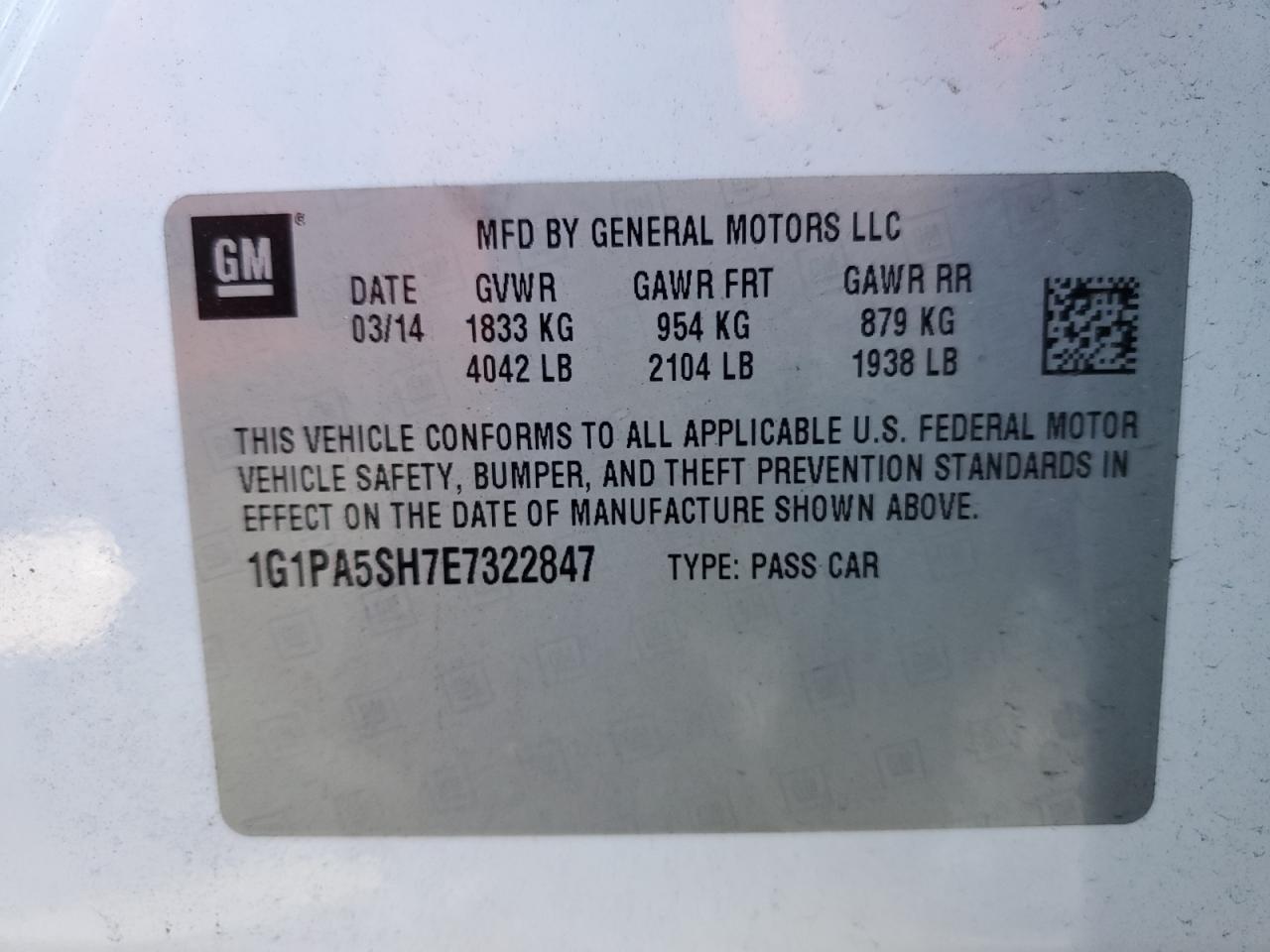 2014 Chevrolet Cruze VIN 1G1PA5SH7E7322847 Copart auction photo, front end damage thumbnail 14