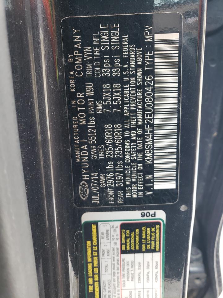 2014 Hyundai Santa Fe VIN KM8SM4HF2EU080426 Copart auction photo, front end / undercarriage damage thumbnail 14