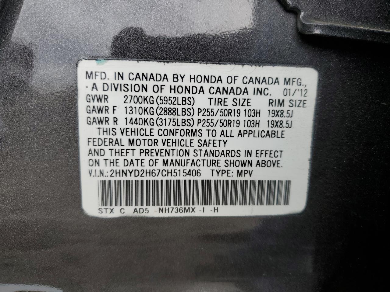 2012 Acura MDX VIN 2HNYD2H67CH515406 Copart auction photo, rear end damage thumbnail 13