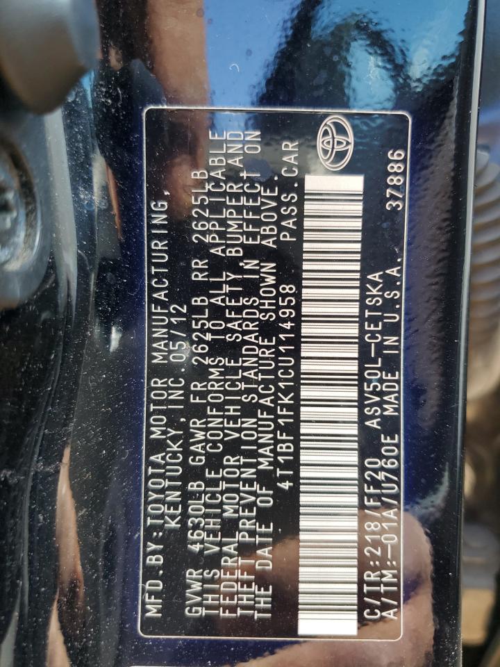 2012 Toyota Camry VIN 4T1BF1FK1CU114958 Copart auction photo, front end / side damage thumbnail 12