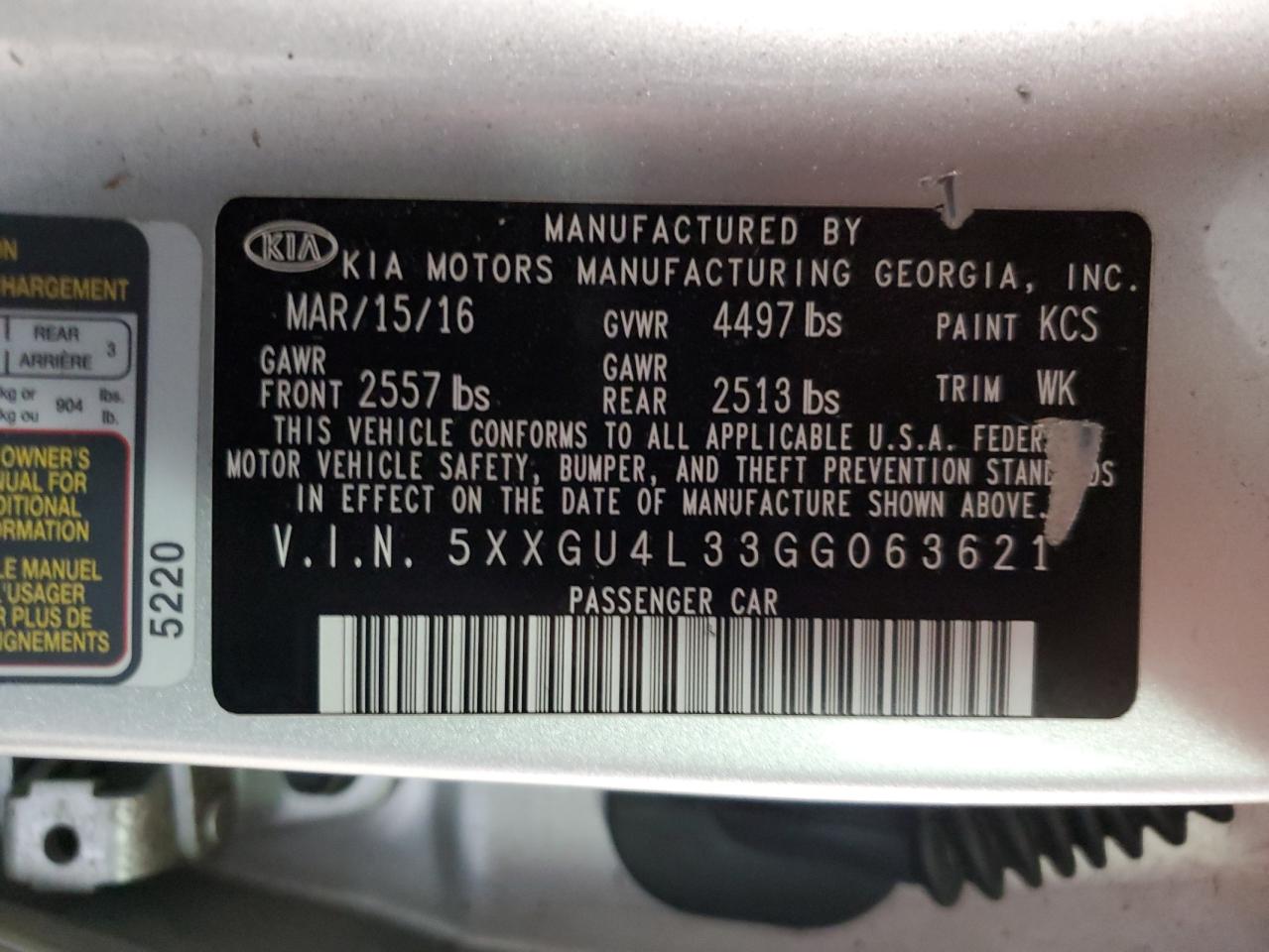 2016 KIA Optima VIN 5XXGU4L33GG063621 Copart auction photo, front end damage thumbnail 12