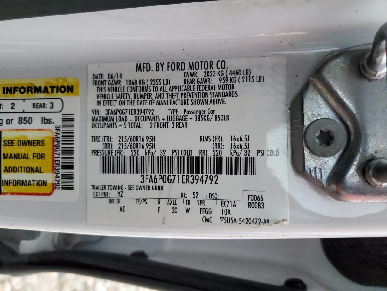 2014 Ford Fusion VIN 3FA6P0G71ER394792 Copart auction photo, rear end / front end damage thumbnail 12