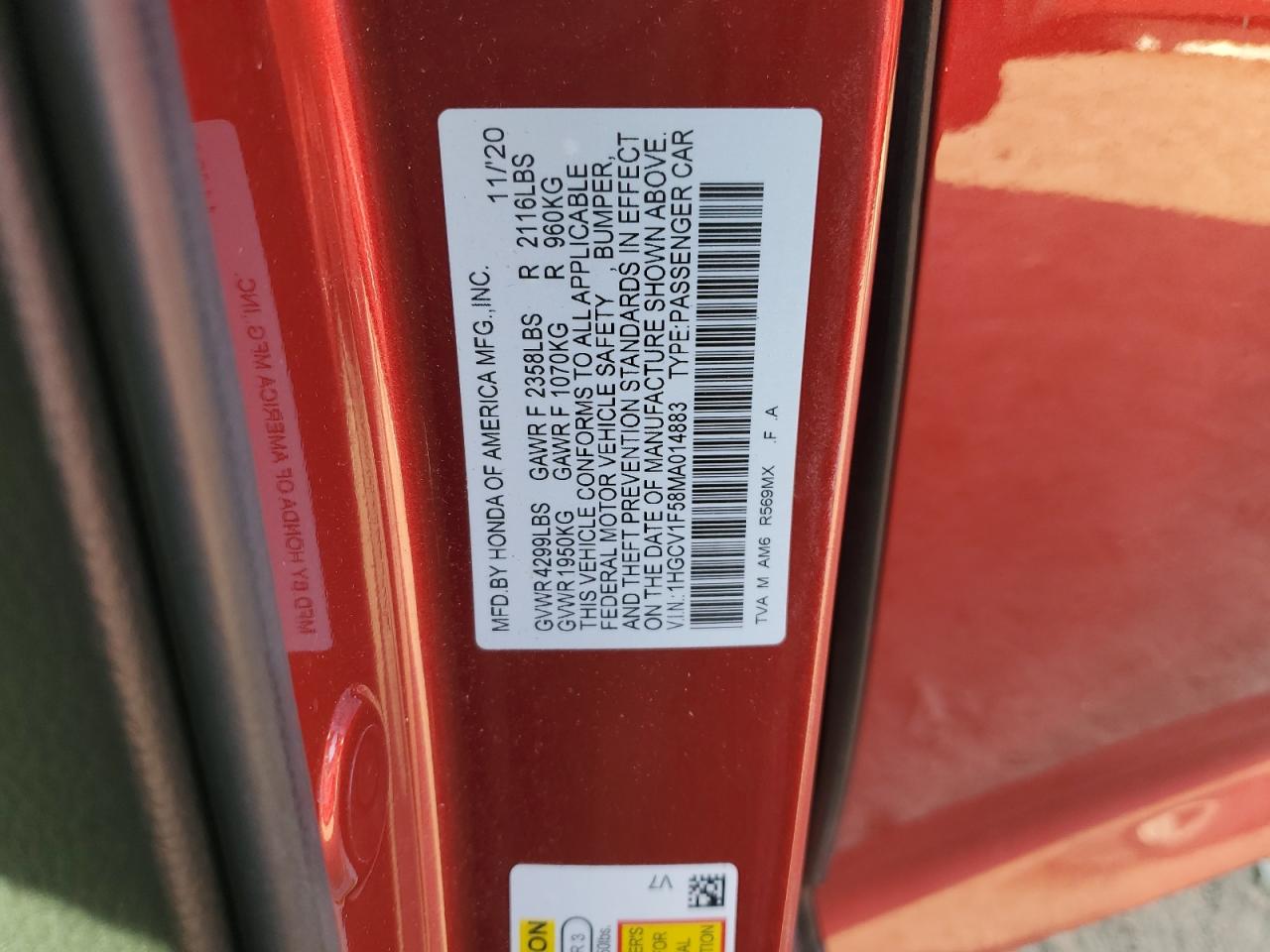 2021 Honda Accord VIN 1HGCV1F58MA014883 Copart auction photo, side / rear end damage thumbnail 14