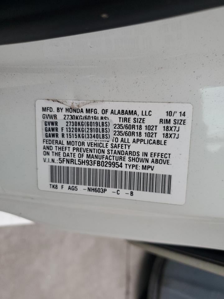 2015 Honda Odyssey VIN 5FNRL5H93FB029954 Copart auction photo, front end / undercarriage damage thumbnail 13