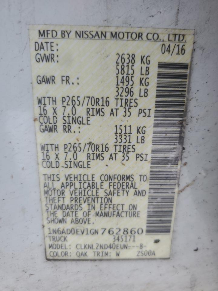 2016 Nissan Navara (Frontier) VIN 1N6AD0EV1GN762860 Copart auction photo, front end damage thumbnail 12