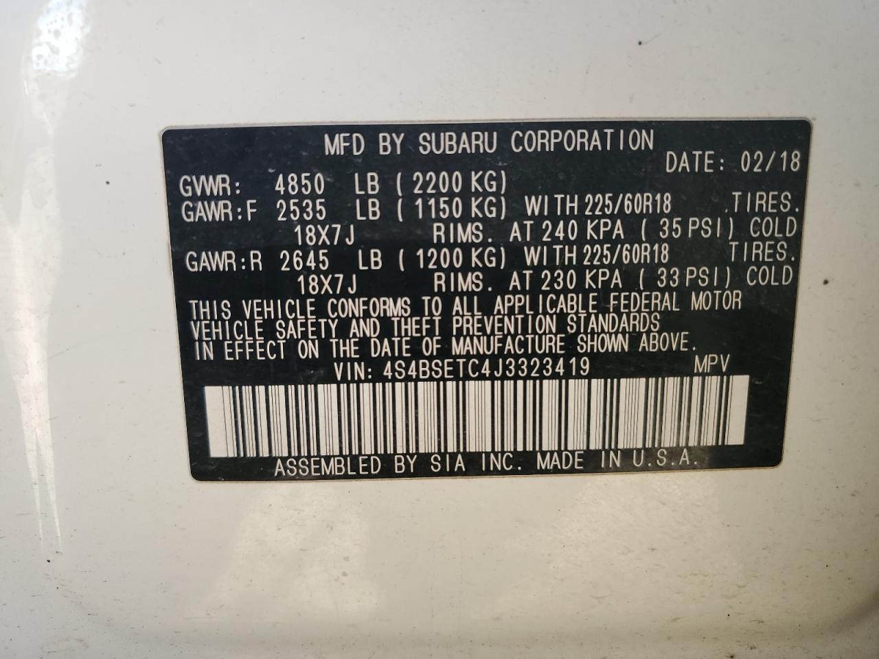 2018 Subaru Outback VIN 4S4BSETC4J3323419 Copart auction photo, hail damage thumbnail 13