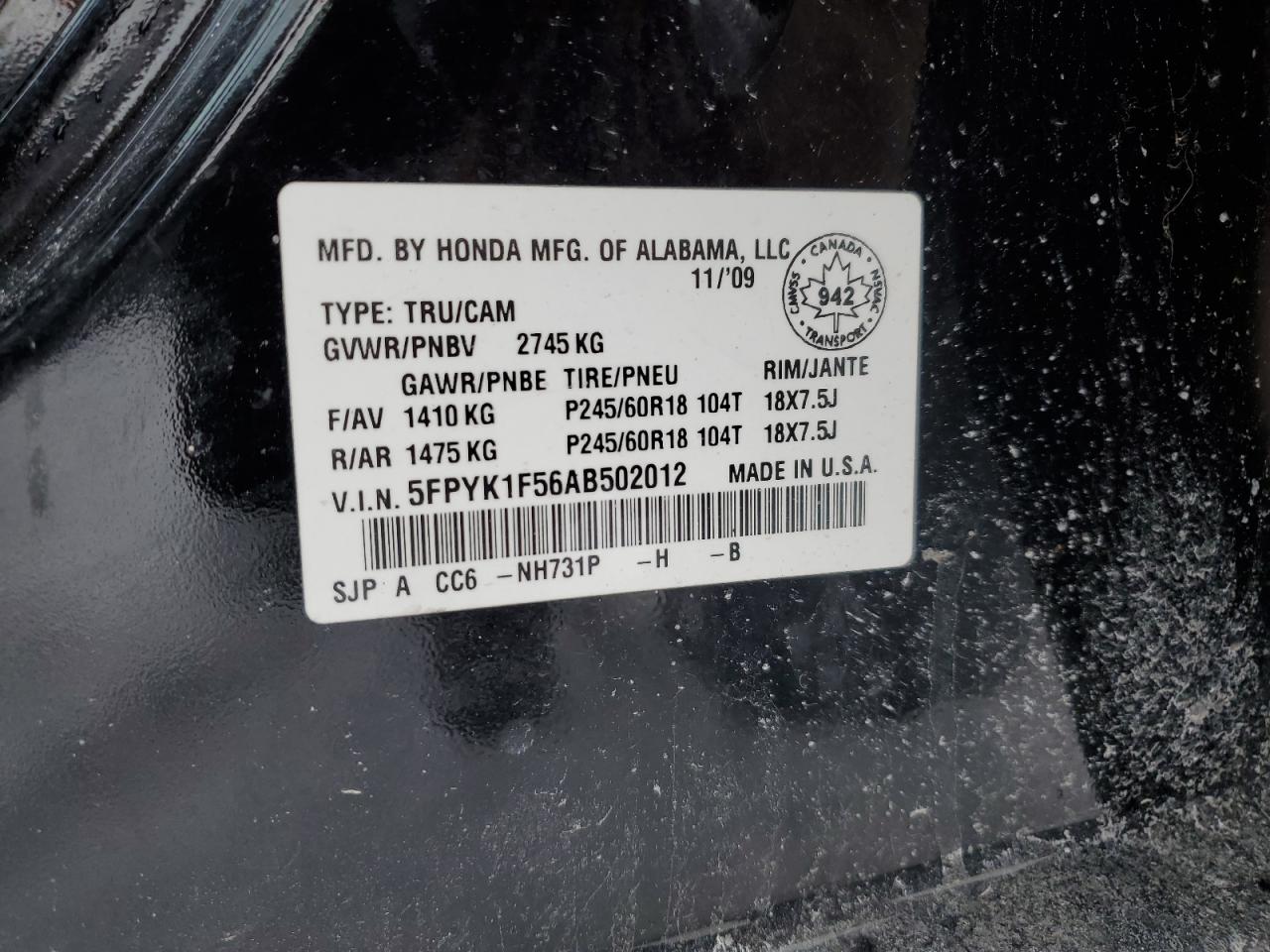 2010 Honda Ridgeline VIN 5FPYK1F56AB502012 Copart auction photo, front end damage thumbnail 12